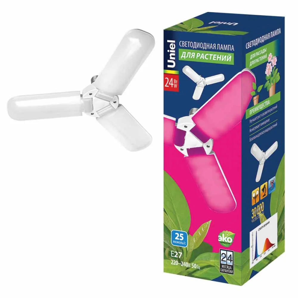 Лампа для рассады и цветения Uniel 24W 3-х лепестковая матовая